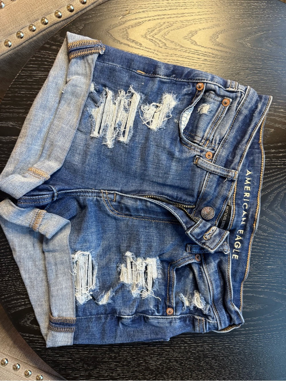 American Eagle Women's Distressed Dark Blue Denim Shorts size 2